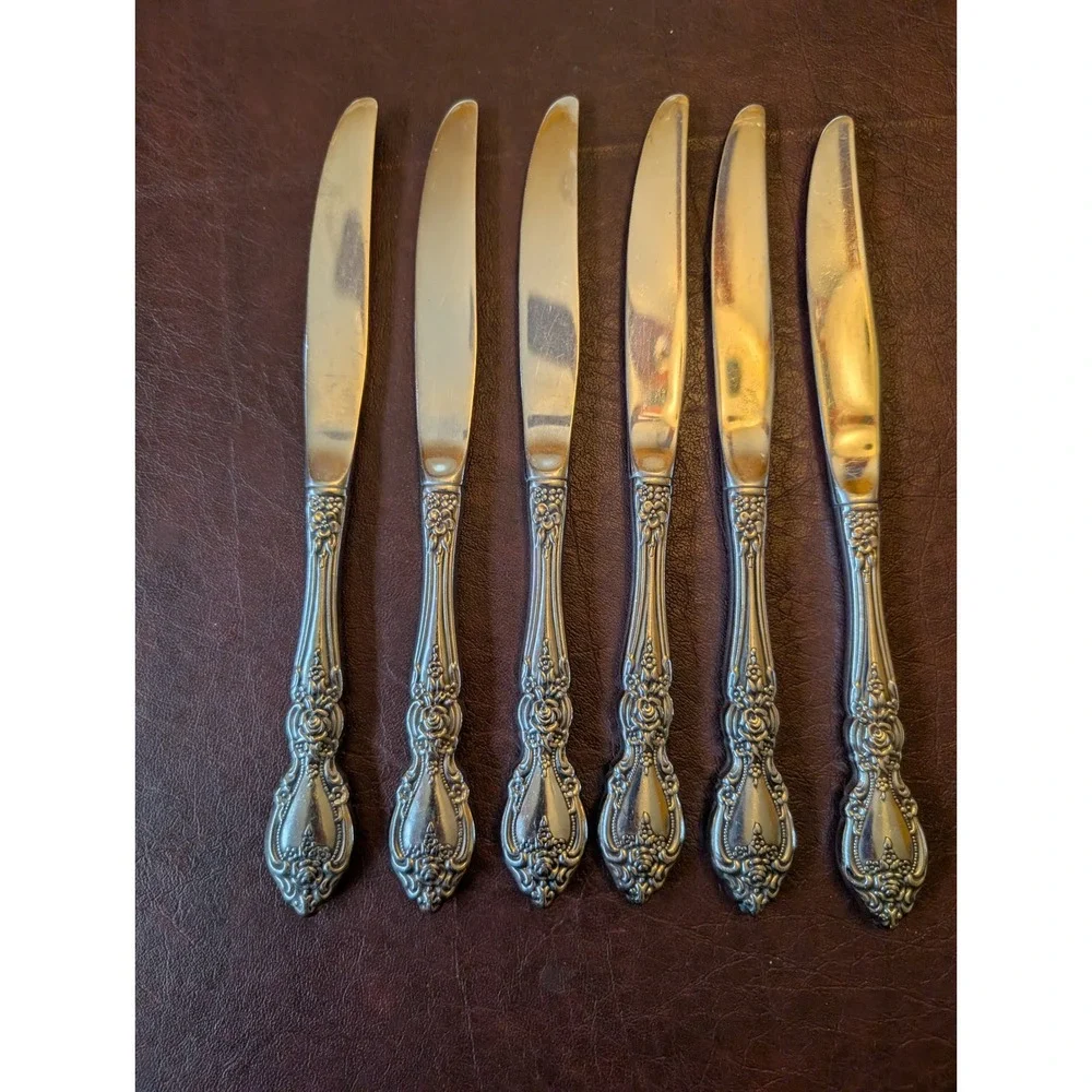Oneida Wordsworth Stainless Flatware Dinner Knives Set of 6 Ornate Floral Design